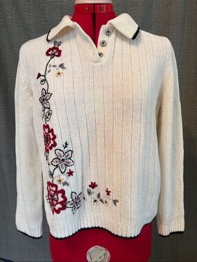 Alfred Dunner Cream V-Neck Polo Sweater with Red Floral Embroidery